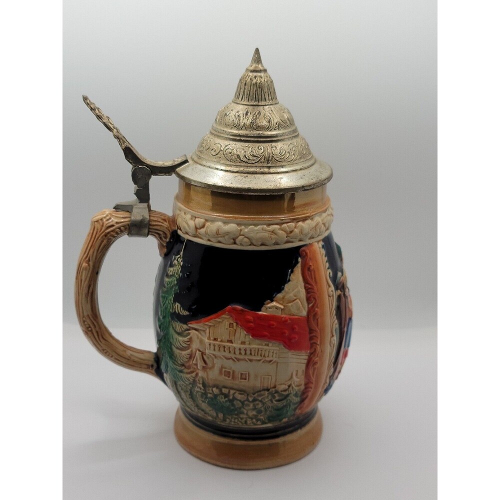 Vintage  West Germany Feierabend Pewter Lidded German Beer Stein